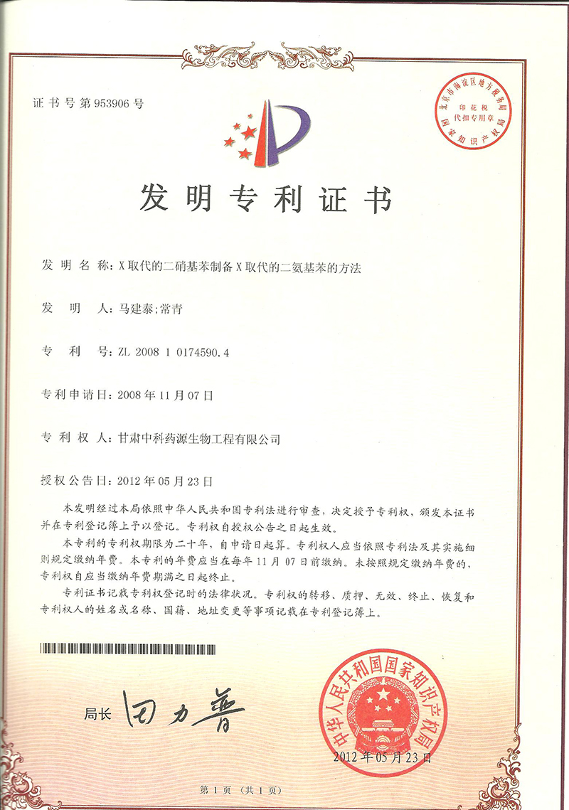 X取代的二硝基苯制備X取代的二氨基苯的方法-發(fā)明專利證書(shū)